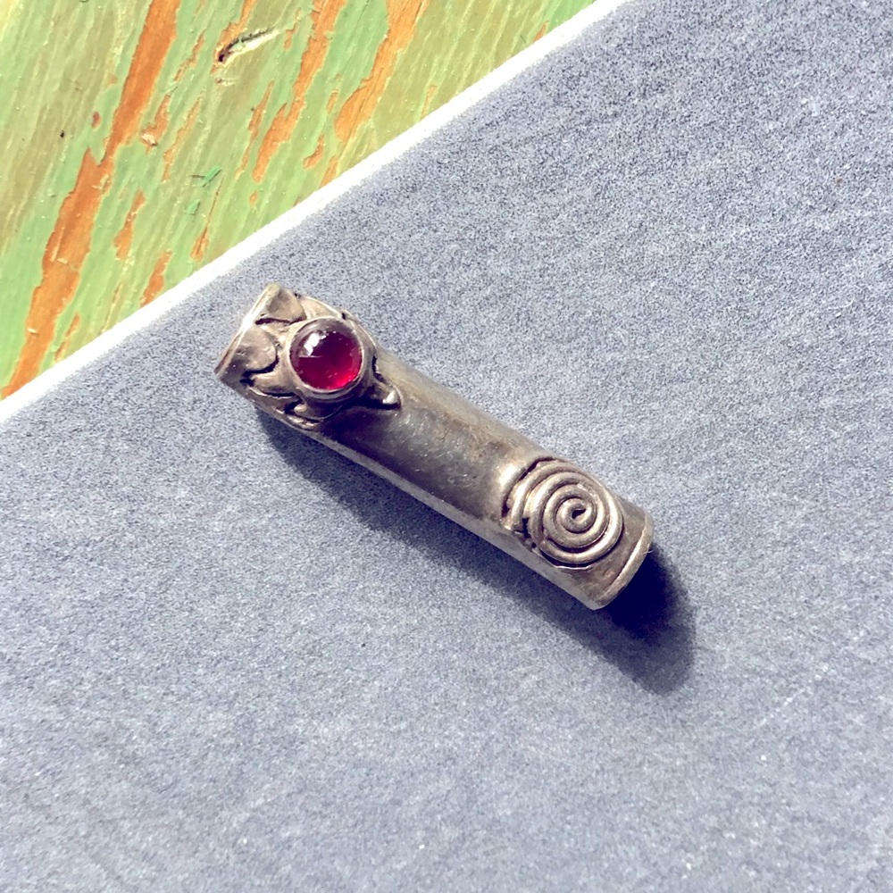 Sterling Silver Barrel Bead with Garnet Accent